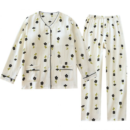 Women's padded pajamas, V-neck pure cotton double-layer gauze long sleeves, thin spring and summer loungewear two-piece set.