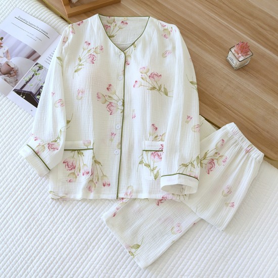 Women's padded pajamas, double-layered gauze, bra-free, long-sleeved, thin cotton loungewear, spring and autumn set