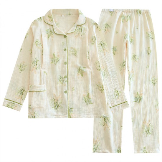 Postpartum postpartum clothes, pure cotton double-layer gauze, thin, spring and summer, long-sleeved nursing pajamas, all-cotton loungewear sets.