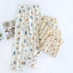 Women's Crepe Printed Pajamas, Spring and Autumn Double-Layer Cotton Gauze Thin Loose Drawstring Pants, Homewear Pants