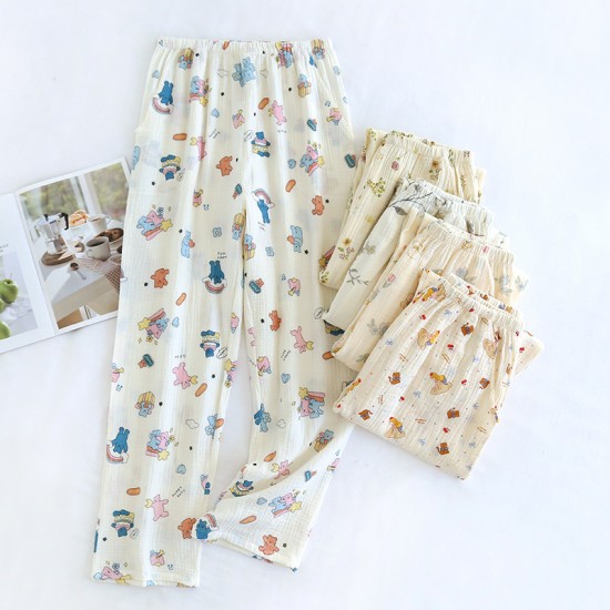 Women's Crepe Printed Pajamas, Spring and Autumn Double-Layer Cotton Gauze Thin Loose Drawstring Pants, Homewear Pants