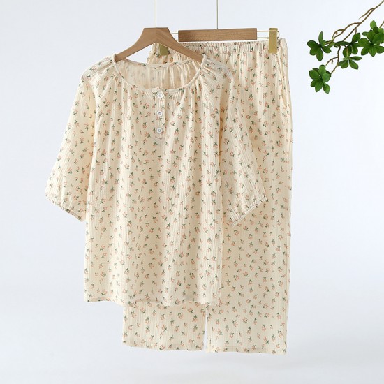 Women's pajamas, pure cotton double-layer gauze, round-neck, long-sleeved, spring and summer thin cotton floral crepe loungewear set