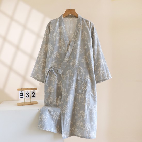 Couple pure cotton gauze nightgown, pine tree-style, thin, men's and women's spring, summer, and autumn bathrobes, loose cotton kimono pajamas.