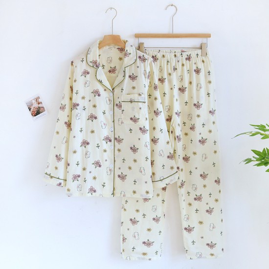 Women's Pajamas, Pure Cotton Plaid Air-layer quilted couple's thickened, warm autumn and winter loungewear, loose and casual trousers.