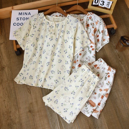 Spring and autumn women's cotton double-layer gauze loungewear, thin, soft, loose summer cotton trousers.