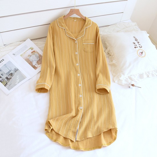 Wholesale new women's nightgown, cotton crepe bath skirt, double-layer gauze open-front long-sleeved loungewear, dropshipping.