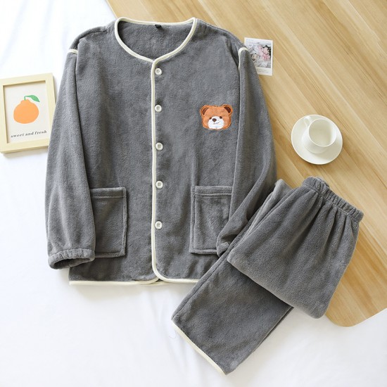 Couple flannel pajamas, simple, long-sleeved, plush, warm, two-piece loungewear set for men and women for autumn and winter