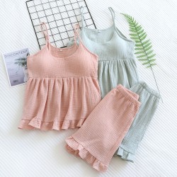 Women's spring and summer pure cotton gauze pajamas, fresh and sexy, sexy suspender shorts loungewear set with bra pads.