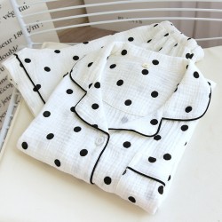 Women's summer pajamas, plus-size, pure cotton, double-layered gauze shorts, polka-dot, loose loungewear two-piece set