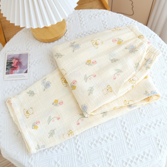 Women's Crepe Printed Pajamas, Spring and Autumn Double-Layer Cotton Gauze Thin Loose Drawstring Pants, Homewear Pants