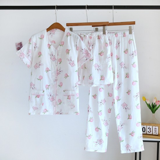 Women's pure cotton home clothes, washed cotton short-sleeved long pants, plaid cotton, large-size, loose, thin summer pajamas set