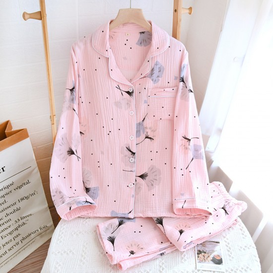 New women's pajamas, pure cotton double-layer gauze loungewear, thin, soft, spring and summer crepe loungewear