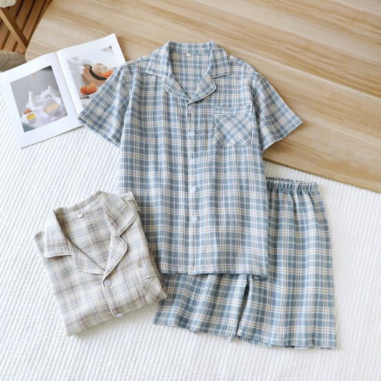 New couple's washed cotton shorts, men's and women's summer thin cotton pajamas, soft, short-sleeved loungewear.