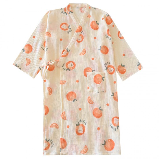 Women's cotton double-layer gauze pajamas, round neck, long sleeves, thin, spring, summer, and autumn, loose, thin loungewear set.