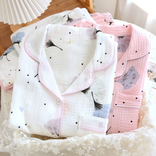 New women's pajamas, pure cotton double-layer gauze loungewear, thin, soft, spring and summer crepe loungewear