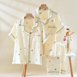 Women's summer pajamas, plus-size, pure cotton, double-layered gauze short-sleeved trousers, refreshing, soft, loose loungewear two-piece set