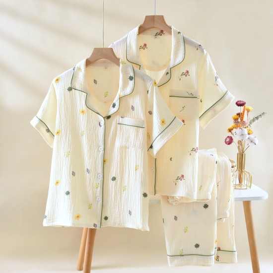 Women's summer pajamas, plus-size, pure cotton, double-layered gauze short-sleeved trousers, refreshing, soft, loose loungewear two-piece set
