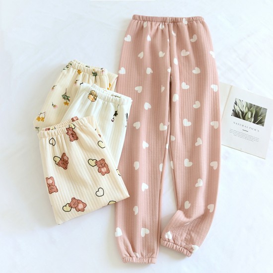 Adjustable, fleece-lined, thickened flannel maternity pajamas for autumn and winter, maternity warm pants, loose loungewear.