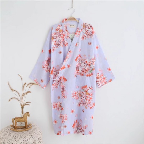 Japanese-style kimono robe, women's spring, summer, and autumn pure cotton double-layer gauze nightgown, all-cotton loungewear, yukata bathrobe.