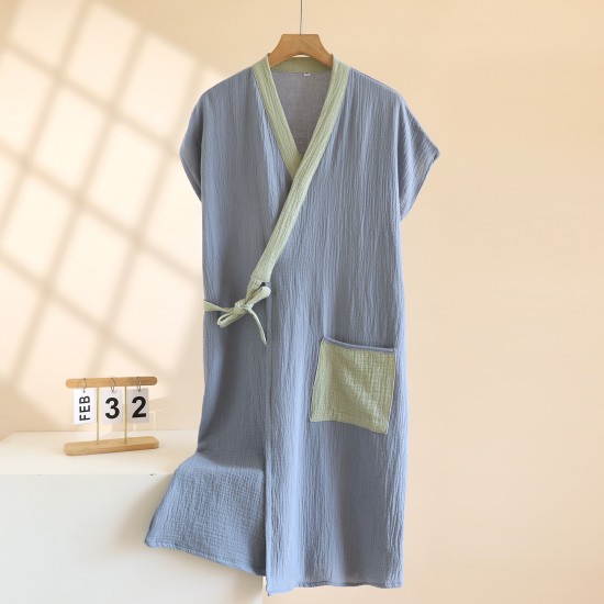 Couple kimono nightgown, pure cotton double-layer gauze, short sleeves, men's and women's bathrobes, loose-fitting, mid-length, drawstring kimono pajamas.