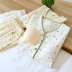 Women's spring and summer thin, long-sleeved, open-front pajamas, pure cotton double-layer gauze. Two-piece loungewear set