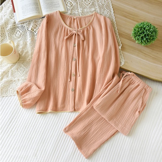 Women's pure cotton double-layer gauze pajamas, round neck, long sleeves, thin, loose-fitting, spring, summer, and autumn loungewear set.
