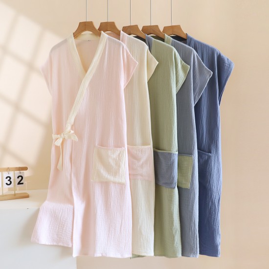 Couple kimono nightgown, pure cotton double-layer gauze, short sleeves, men's and women's bathrobes, loose-fitting, mid-length, drawstring kimono pajamas.
