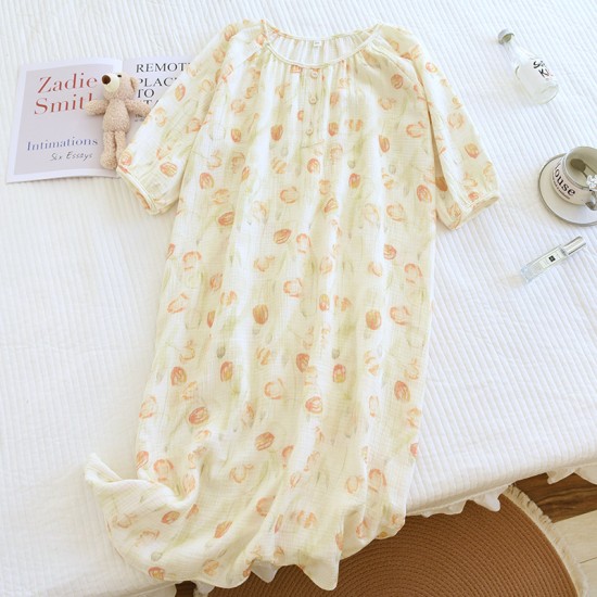 Autumn and Winter Thickened Cotton Nightdress, Air-Layer Quilted Nursing Dress, Long-Sleeved Midi-Length Homewear Dress, Pajamas