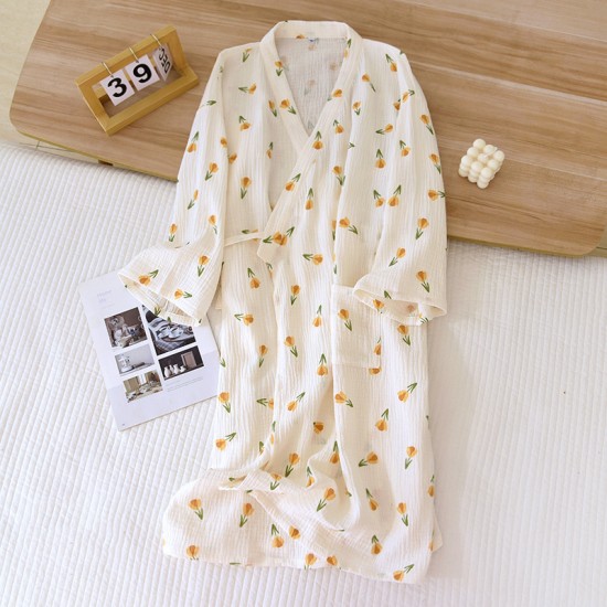Women's nightgown, pure cotton washed cotton gauze kimono bathrobe, Japanese-style mid-length nightgown, spring, summer, and autumn loose loungewear.
