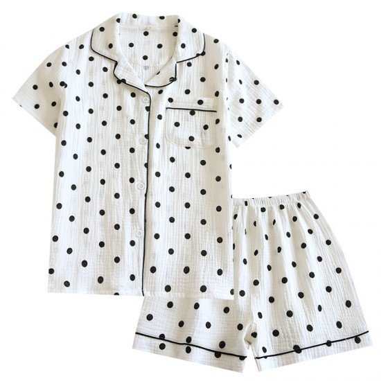 Women's summer pajamas, plus-size, pure cotton, double-layered gauze shorts, polka-dot, loose loungewear two-piece set