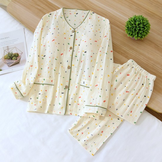 Women's spring and summer thin, long-sleeved, open-front pajamas, pure cotton double-layer gauze. Two-piece loungewear set