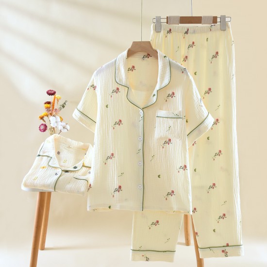 Women's summer pajamas, plus-size, pure cotton, double-layered gauze short-sleeved trousers, refreshing, soft, loose loungewear two-piece set