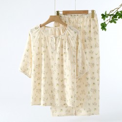 Women's pajamas, pure cotton double-layer gauze, round-neck, long-sleeved, spring and summer thin cotton floral crepe loungewear set