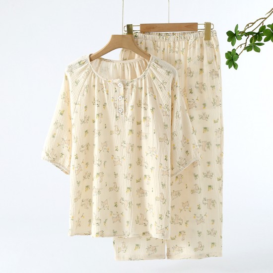 Women's pajamas, pure cotton double-layer gauze, round-neck, long-sleeved, spring and summer thin cotton floral crepe loungewear set