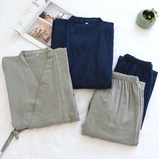Wholesale men's double-layer gauze kimono pajamas, Japanese-style steaming loungewear, sweat-wicking and breathable loungewear.