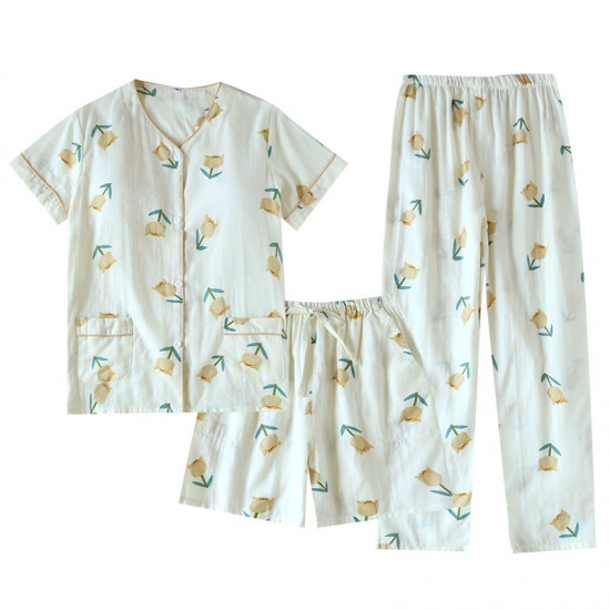 Women's pure cotton home clothes, washed cotton short-sleeved long pants, plaid cotton, large-size, loose, thin summer pajamas set