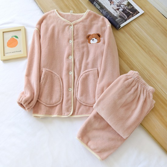 Couple flannel pajamas, simple, long-sleeved, plush, warm, two-piece loungewear set for men and women for autumn and winter