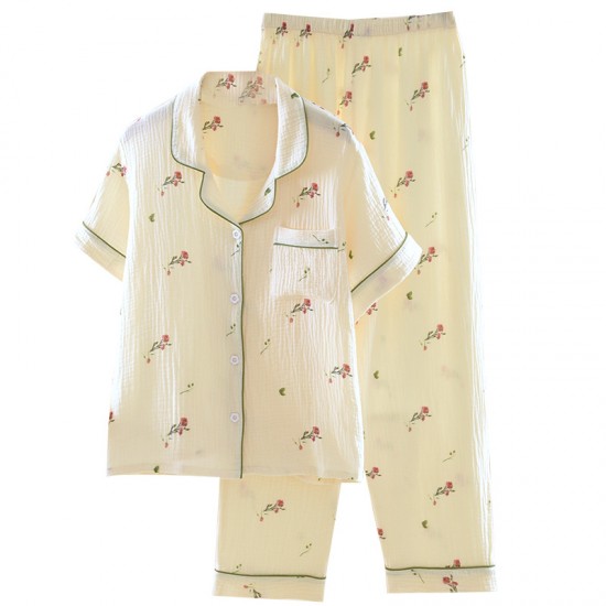 Women's summer pajamas, plus-size, pure cotton, double-layered gauze short-sleeved trousers, refreshing, soft, loose loungewear two-piece set