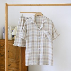 New couple's washed cotton shorts, men's and women's summer thin cotton pajamas, soft, short-sleeved loungewear.