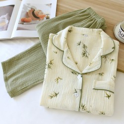 Women's Christmas tree pajamas, pure cotton, spring and summer long-sleeved pants, thin, cotton loungewear, soft, loose two-piece set.