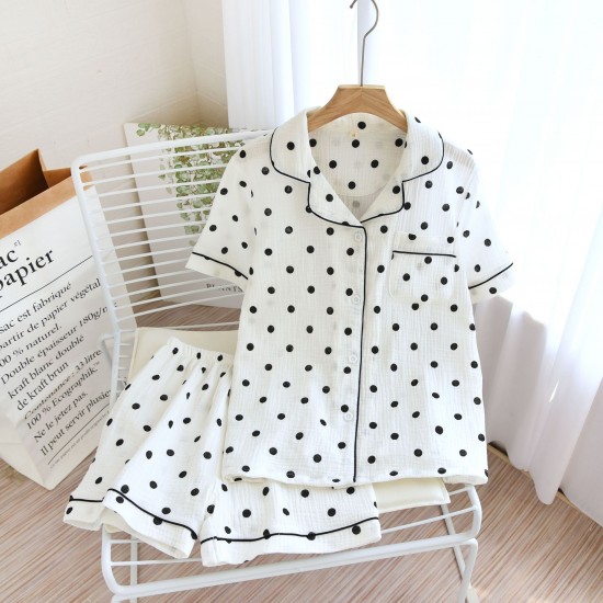 Women's summer pajamas, plus-size, pure cotton, double-layered gauze shorts, polka-dot, loose loungewear two-piece set