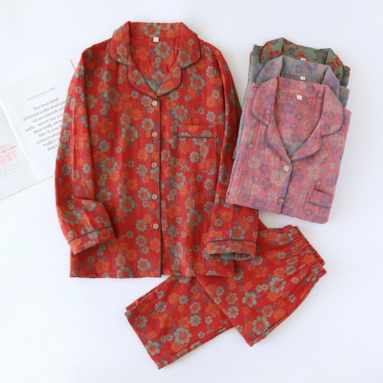 Men's spring and autumn couple's pajamas, pure cotton gauze long-sleeved trousers, thin summer Japanese-style loose loungewear set New postpartum maternity wear, pure cotton double-layer gauze long-sleeved pajamas, thin nursing clothes, open-front postpar