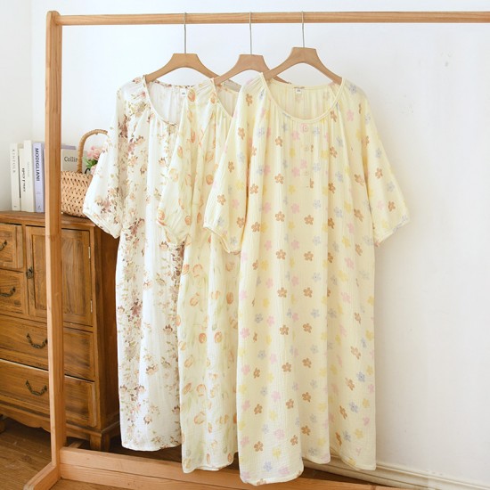 Autumn and Winter Thickened Cotton Nightdress, Air-Layer Quilted Nursing Dress, Long-Sleeved Midi-Length Homewear Dress, Pajamas