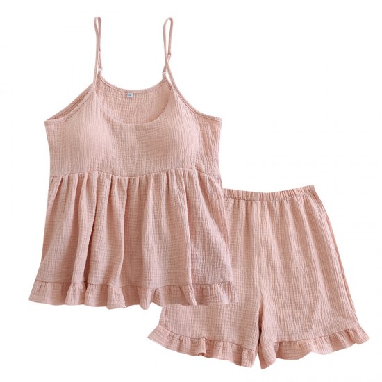 Women's spring and summer pure cotton gauze pajamas, fresh and sexy, sexy suspender shorts loungewear set with bra pads.