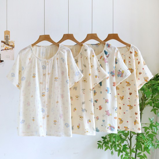 Summer women's pajamas, pure cotton yarn-dyed double-layered cotton gauze, thin, lock-front loungewear, loose and soft, mosquito-proof pants