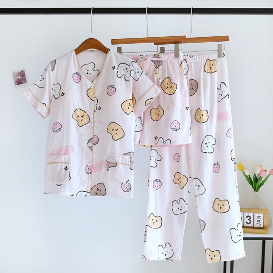 Women's pure cotton home clothes, washed cotton short-sleeved long pants, plaid cotton, large-size, loose, thin summer pajamas set