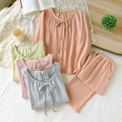 Women's pure cotton double-layer gauze pajamas, round neck, long sleeves, thin, loose-fitting, spring, summer, and autumn loungewear set.