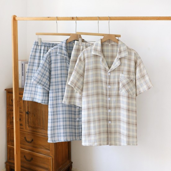 New couple's washed cotton shorts, men's and women's summer thin cotton pajamas, soft, short-sleeved loungewear.