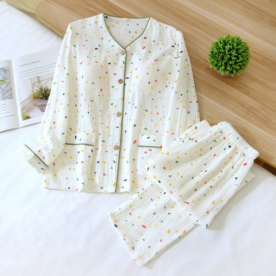 Women's spring and summer thin, long-sleeved, open-front pajamas, pure cotton double-layer gauze. Two-piece loungewear set