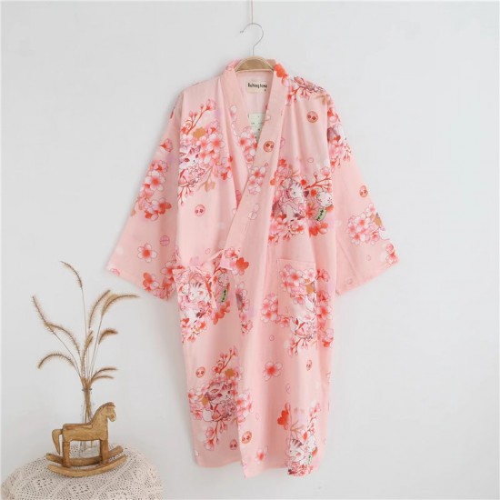 Japanese-style kimono robe, women's spring, summer, and autumn pure cotton double-layer gauze nightgown, all-cotton loungewear, yukata bathrobe.